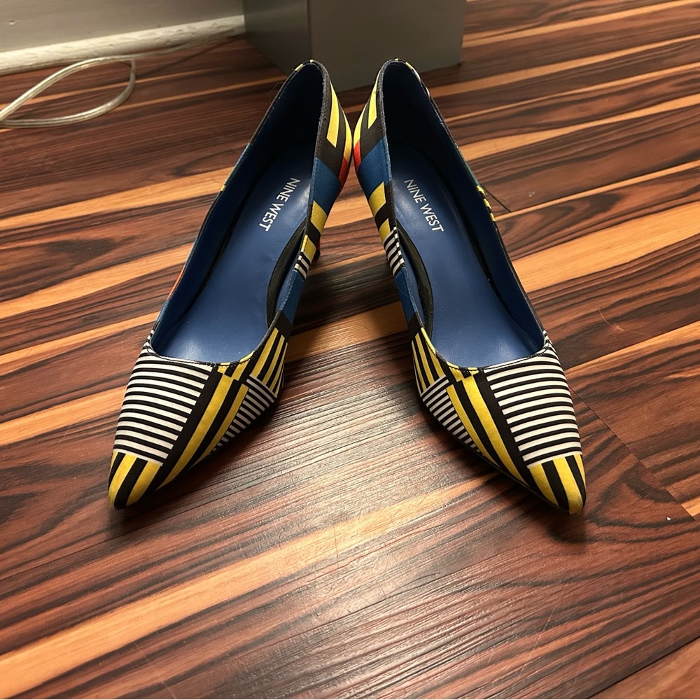 Nine West Women's Striped Yellow and Blue Heels